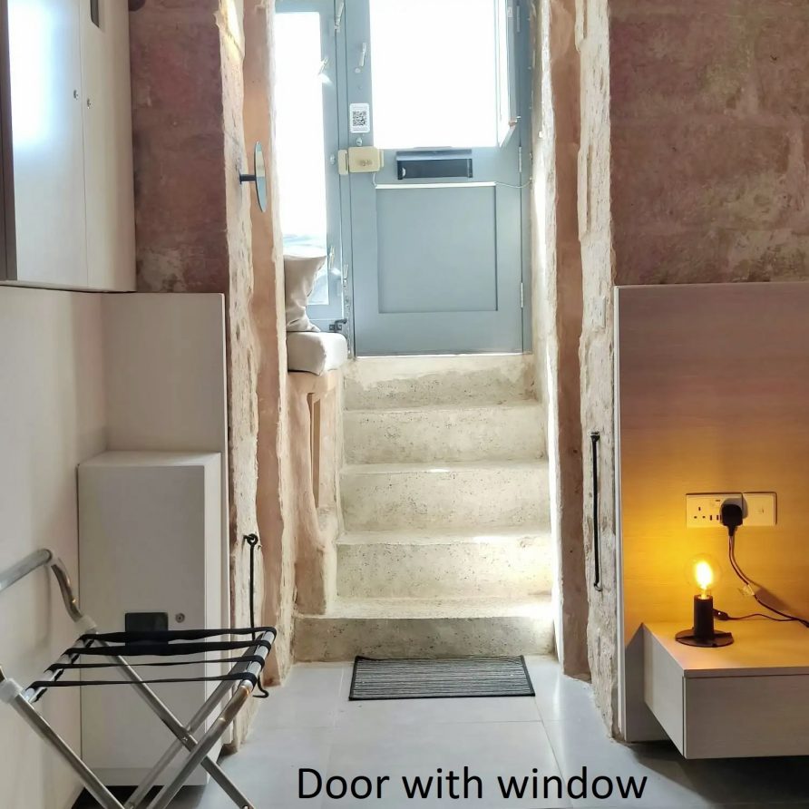 Door with window next to it and 5 steps to the heaven.