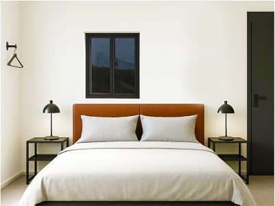 Bedroom in Cabin 4 opposite a terrace with views of the Shipyard and Grand Harbour.