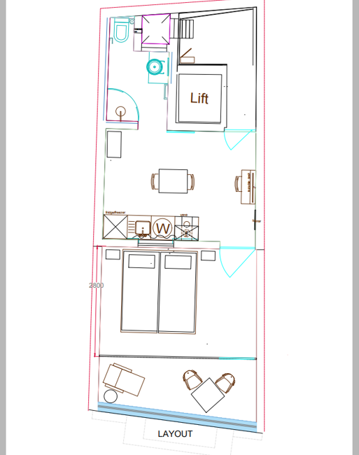 Layout showing Living Dining area, private bathroom, double bedroom and portview terrace.